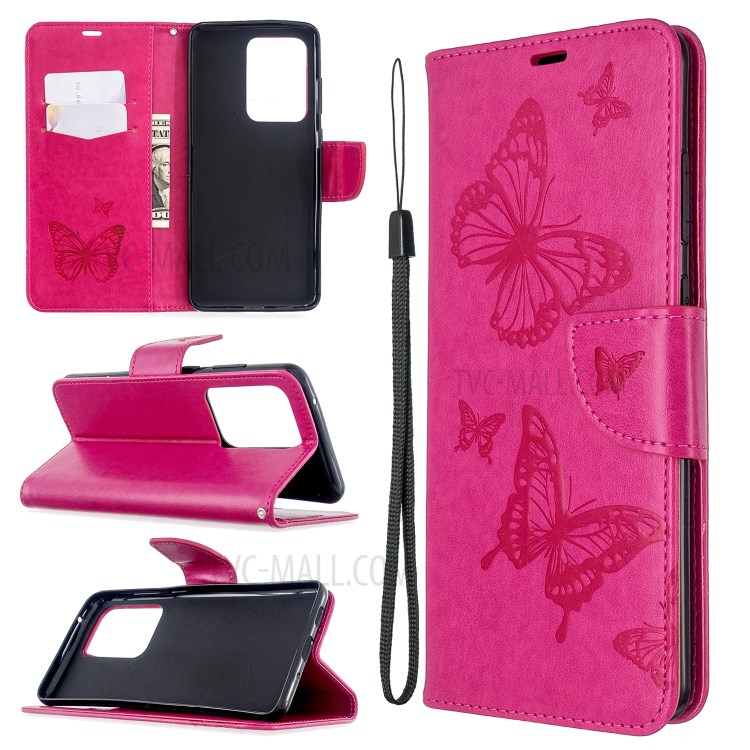 Imprint Butterfly Wallet Leather Stand Case for Samsung Galaxy S20 Ultra - Rose-1