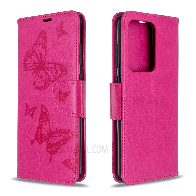Imprint Butterfly Wallet Leather Stand Case for Samsung Galaxy S20 Ultra - Rose-4
