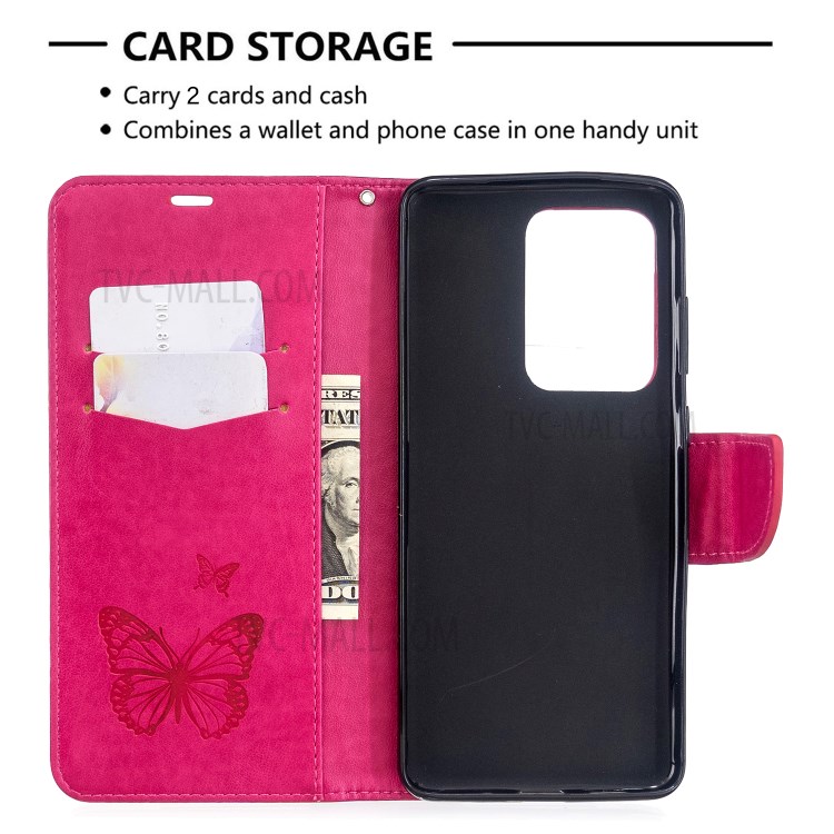 Imprint Butterfly Wallet Leather Stand Case for Samsung Galaxy S20 Ultra - Rose-6