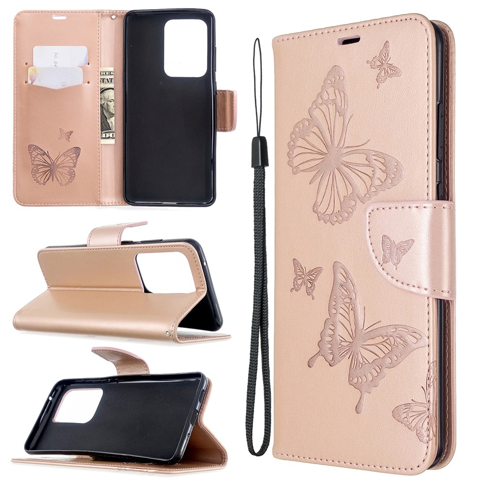 Imprint Butterfly Wallet Leather Stand Case for Samsung Galaxy S20 Ultra - Gold-1