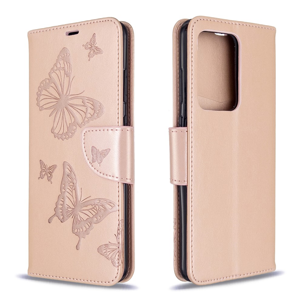 Imprint Butterfly Wallet Leather Stand Case for Samsung Galaxy S20 Ultra - Gold-4