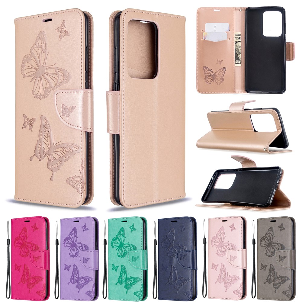 Imprint Butterfly Wallet Leather Stand Case for Samsung Galaxy S20 Ultra - Gold-9
