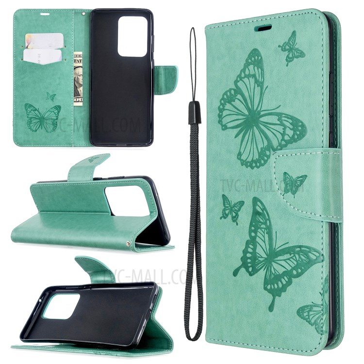 Imprint Butterfly Wallet Leather Stand Case for Samsung Galaxy S20 Ultra - Green-1