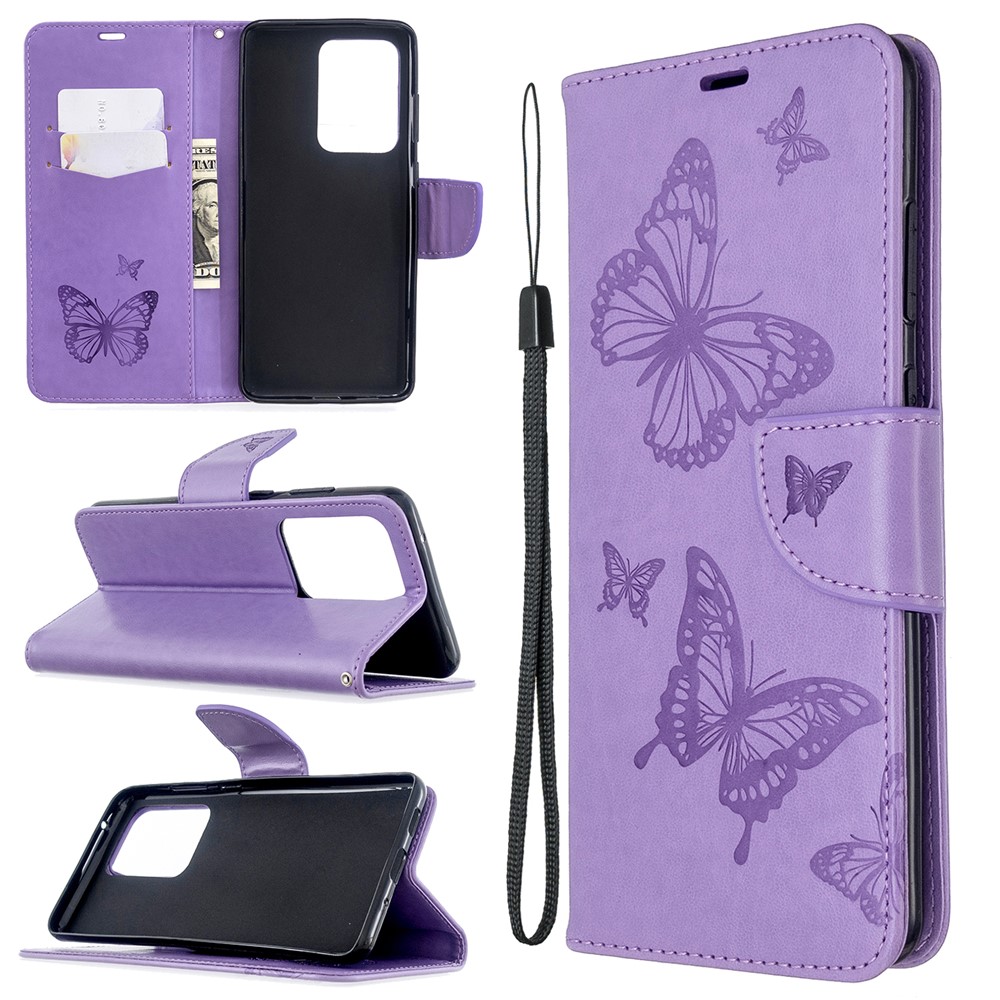 Imprint Butterfly Wallet Leather Stand Case for Samsung Galaxy S20 Ultra - Purple-1
