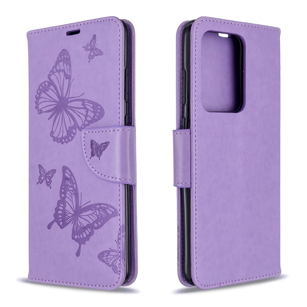 Imprint Butterfly Wallet Leather Stand Case for Samsung Galaxy S20 Ultra - Purple-4