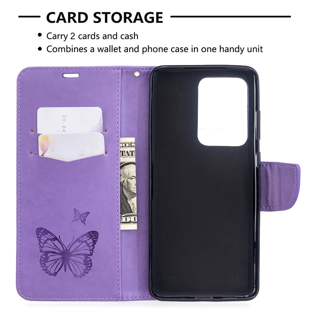 Imprint Butterfly Wallet Leather Stand Case for Samsung Galaxy S20 Ultra - Purple-6
