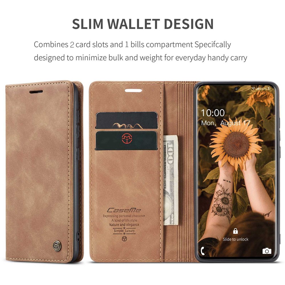 CASEME 013 Series Auto-absorbed Flip Leather Wallet Case for Samsung Galaxy S20 - Light Brown-4