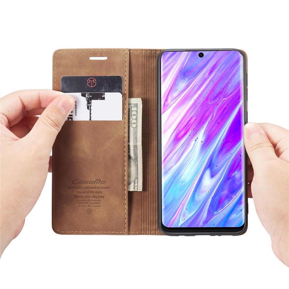 CASEME 013 Series Auto-absorbed Business Leather Wallet Stand Phone Case for Samsung Galaxy S20 Plus - Light Brown-11