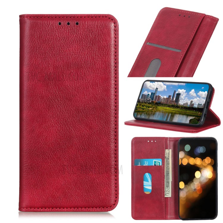 Auto-absorbed Litchi Texture Split Leather Wallet Case for Samsung Galaxy A01 - Red-1