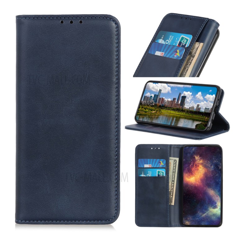 Auto-absorbed Split Leather Wallet Case for Samsung Galaxy A21 - Blue-1