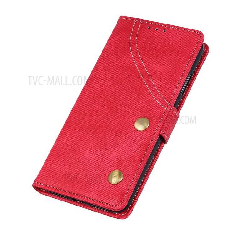 Jeans Cloth Leather Wallet Case for Samsung Galaxy A21 - Red-4