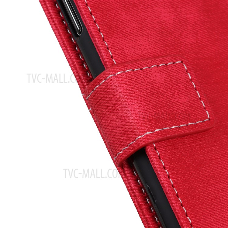Jeans Cloth Leather Wallet Case for Samsung Galaxy A21 - Red-5