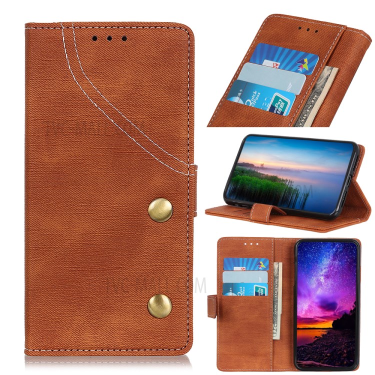Jeans Cloth Leather Wallet Case for Samsung Galaxy A21 - Brown-1