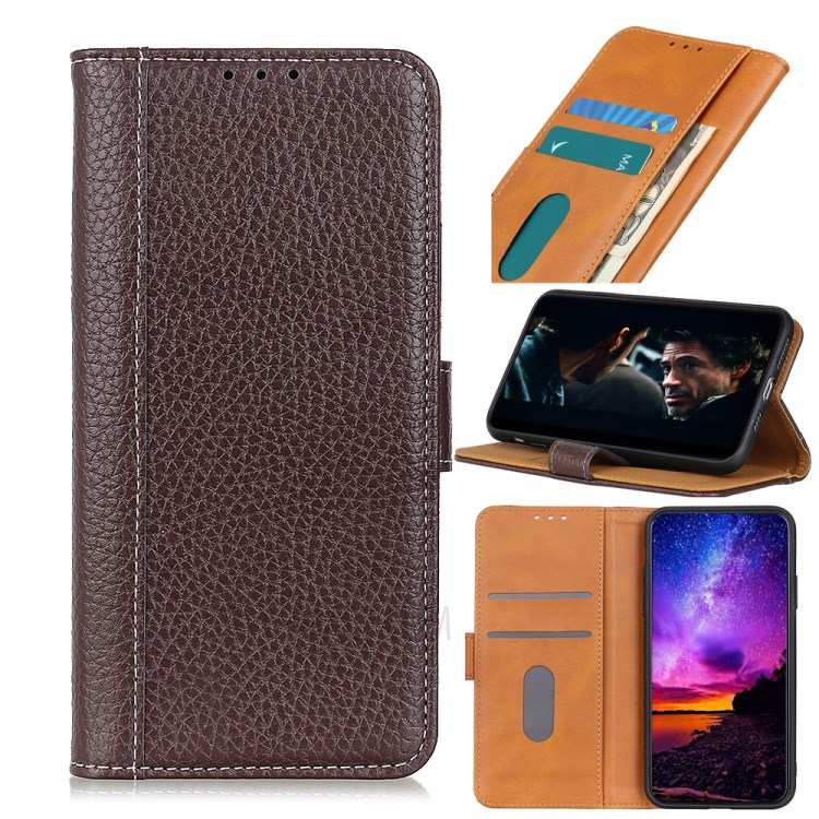 Contrast Color Litchi Texture Wallet Flip Leather Case for Samsung Galaxy A21 - Brown-1