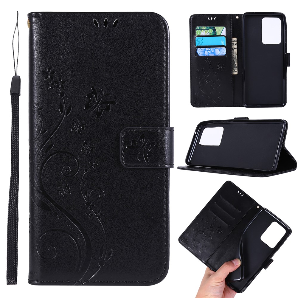 Imprint Butterflies Wallet Stand Flip Leather Phone Case for Samsung Galaxy S20 Ultra - Black-1