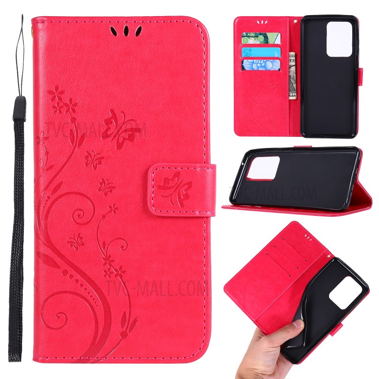 Imprint Butterflies Wallet Stand Flip Leather Phone Case for Samsung Galaxy S20 Ultra - Red-1