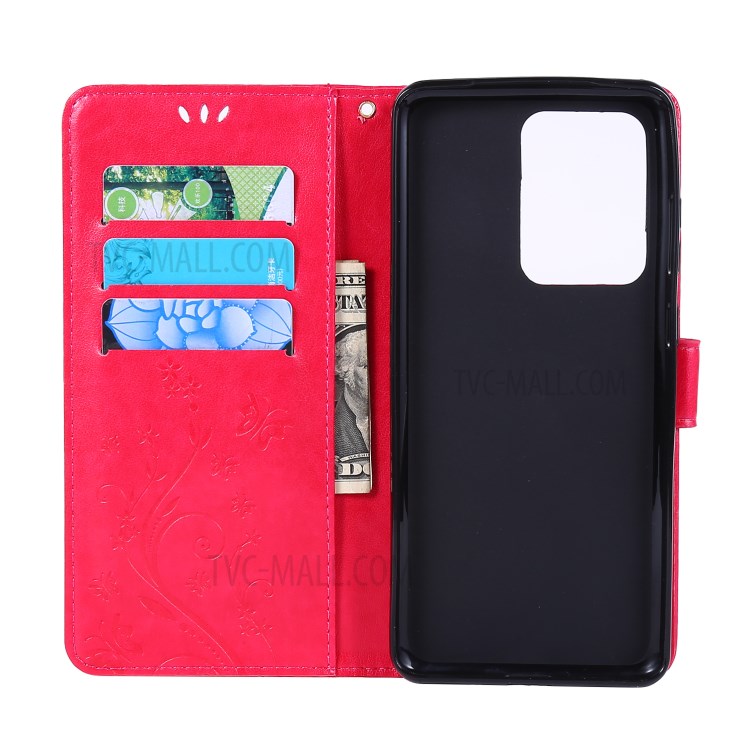 Imprint Butterflies Wallet Stand Flip Leather Phone Case for Samsung Galaxy S20 Ultra - Red-5