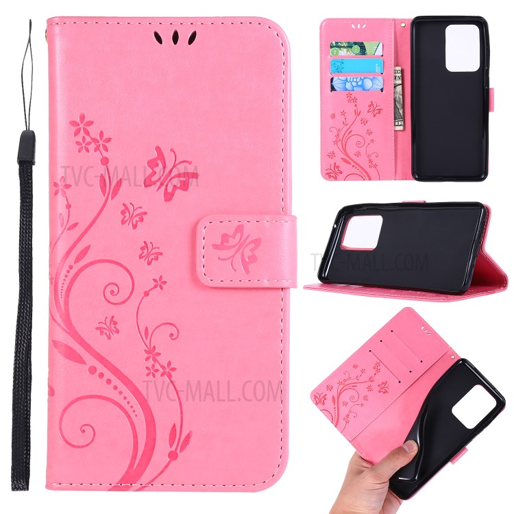 Imprint Butterflies Wallet Stand Flip Leather Phone Case for Samsung Galaxy S20 Ultra - Pink-1