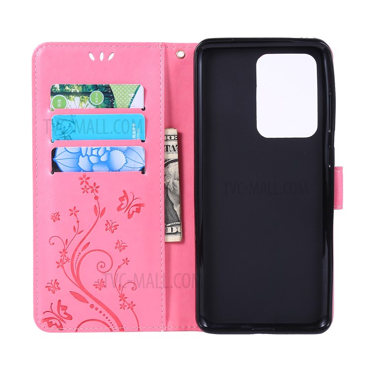 Imprint Butterflies Wallet Stand Flip Leather Phone Case for Samsung Galaxy S20 Ultra - Pink-5