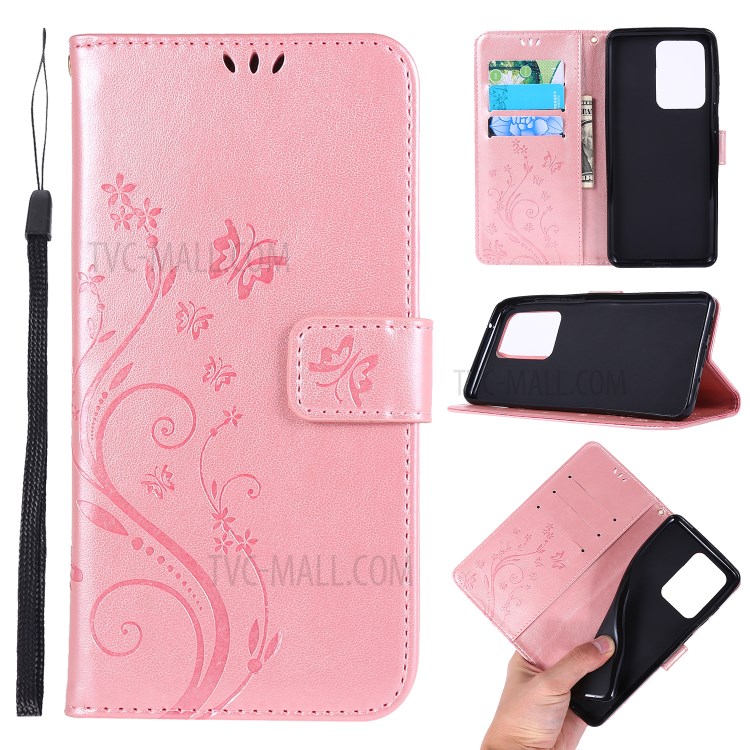 Imprint Butterflies Wallet Stand Flip Leather Phone Case for Samsung Galaxy S20 Ultra - Rose Gold-1