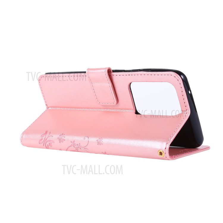 Imprint Butterflies Wallet Stand Flip Leather Phone Case for Samsung Galaxy S20 Ultra - Rose Gold-4