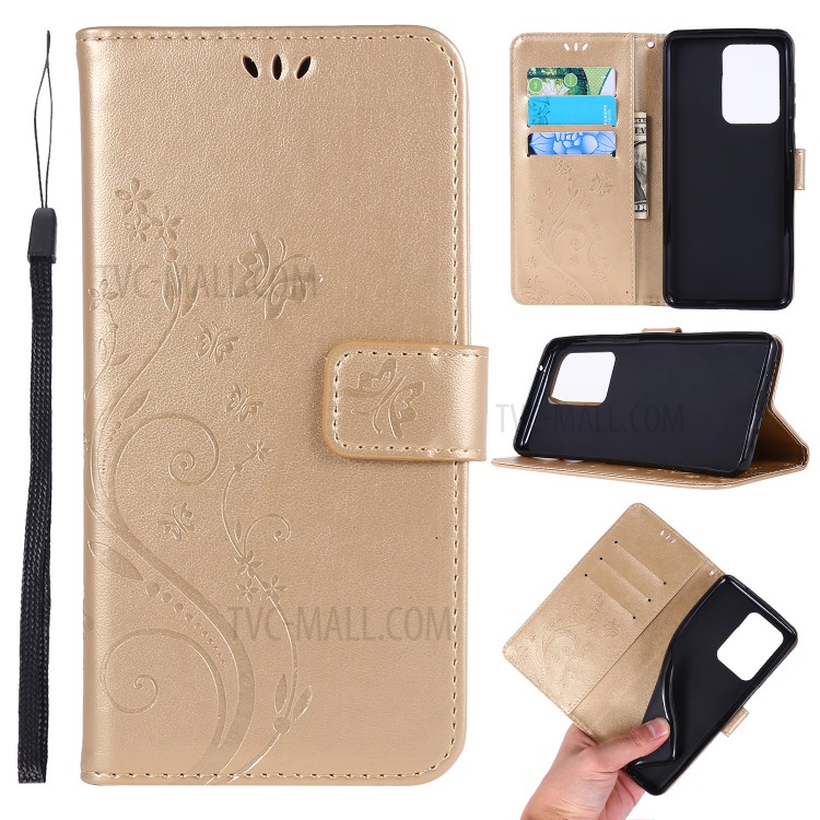 Imprint Butterflies Wallet Stand Flip Leather Phone Case for Samsung Galaxy S20 Ultra - Gold-1