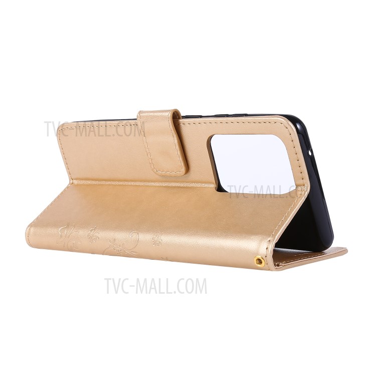 Imprint Butterflies Wallet Stand Flip Leather Phone Case for Samsung Galaxy S20 Ultra - Gold-4