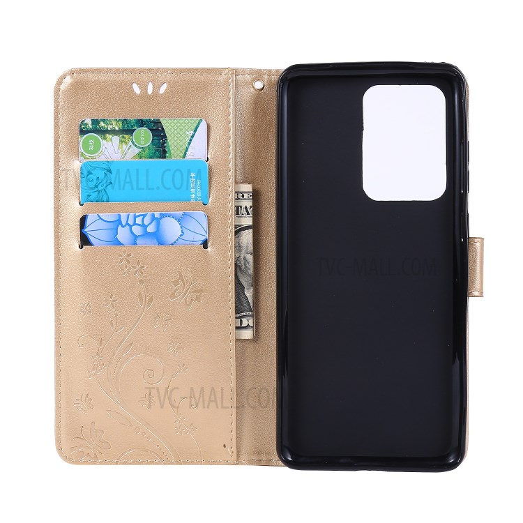 Imprint Butterflies Wallet Stand Flip Leather Phone Case for Samsung Galaxy S20 Ultra - Gold-5