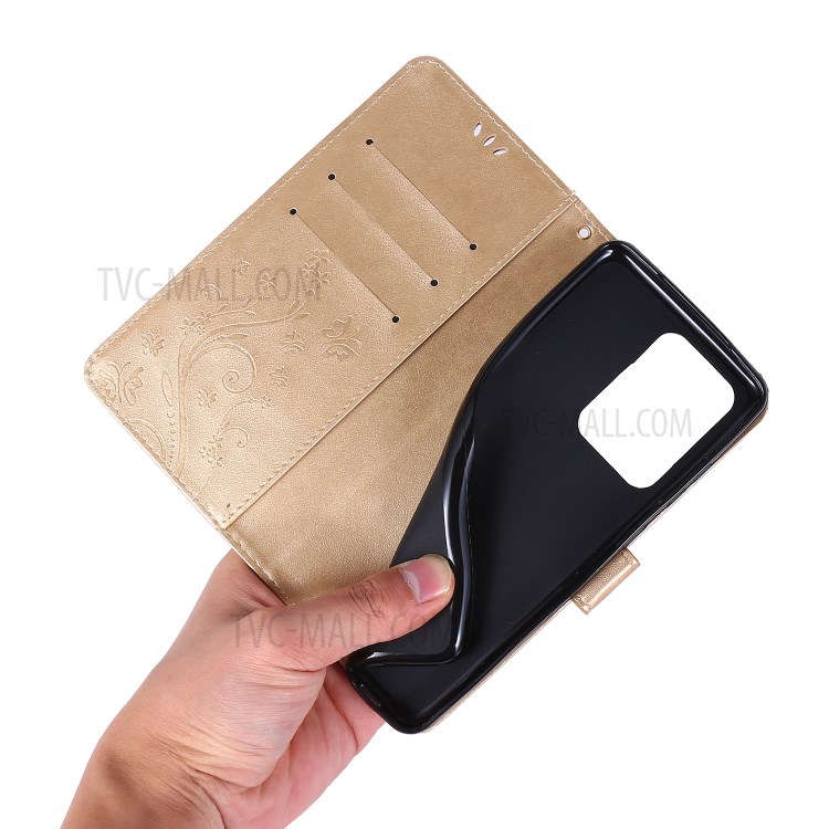 Imprint Butterflies Wallet Stand Flip Leather Phone Case for Samsung Galaxy S20 Ultra - Gold-6