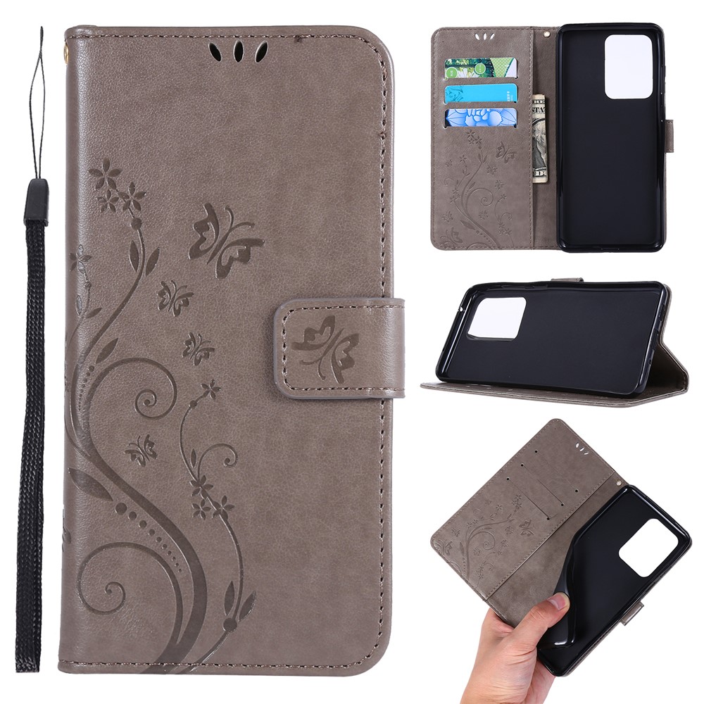 Imprint Butterflies Wallet Stand Flip Leather Phone Case for Samsung Galaxy S20 Ultra - Grey-1