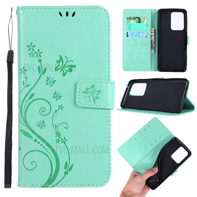 Imprint Butterflies Wallet Stand Flip Leather Phone Case for Samsung Galaxy S20 Ultra - Green-1