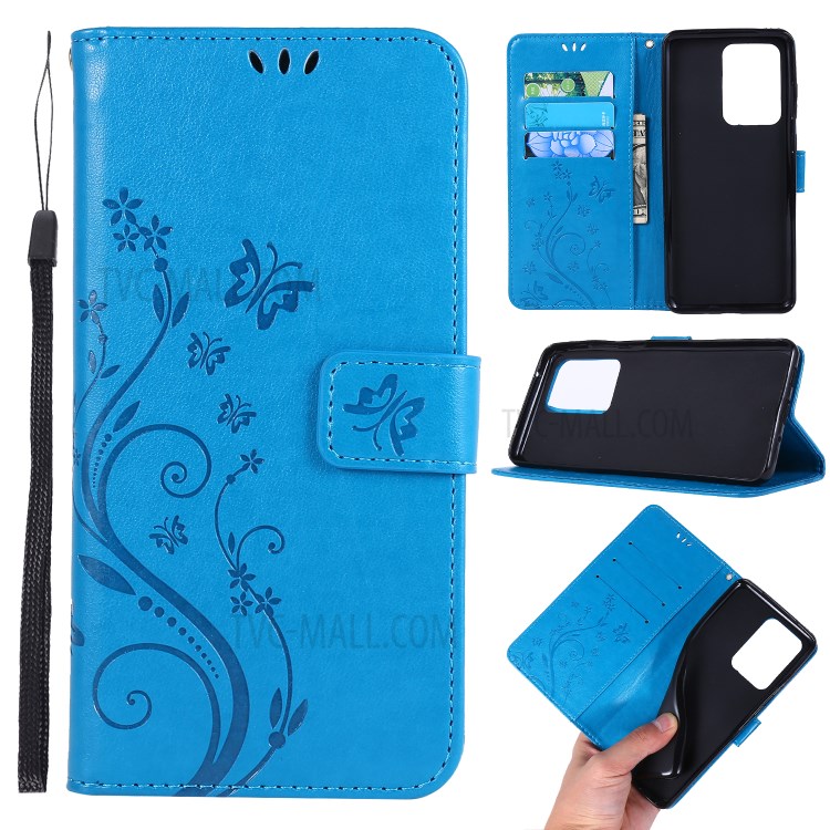 Imprint Butterflies Wallet Stand Flip Leather Phone Case for Samsung Galaxy S20 Ultra - Blue-1