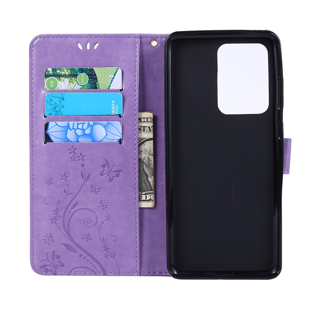 Imprint Butterflies Wallet Stand Flip Leather Phone Case for Samsung Galaxy S20 Ultra - Purple-5