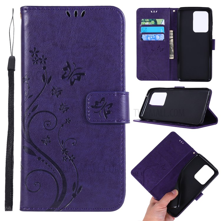 Imprint Butterflies Wallet Stand Flip Leather Phone Case for Samsung Galaxy S20 Ultra - Dark Purple-1