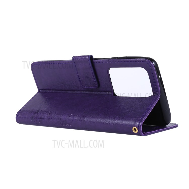 Imprint Butterflies Wallet Stand Flip Leather Phone Case for Samsung Galaxy S20 Ultra - Dark Purple-4