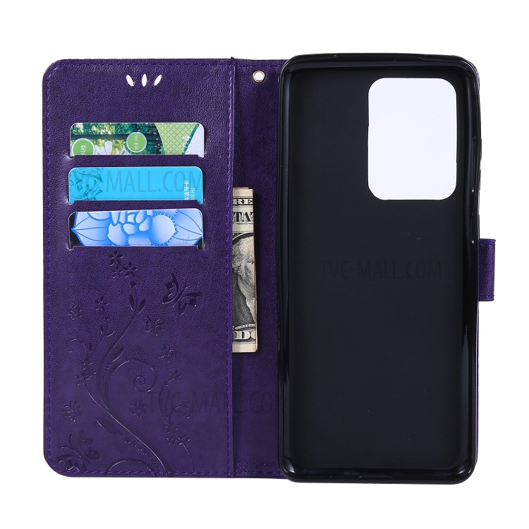 Imprint Butterflies Wallet Stand Flip Leather Phone Case for Samsung Galaxy S20 Ultra - Dark Purple-5
