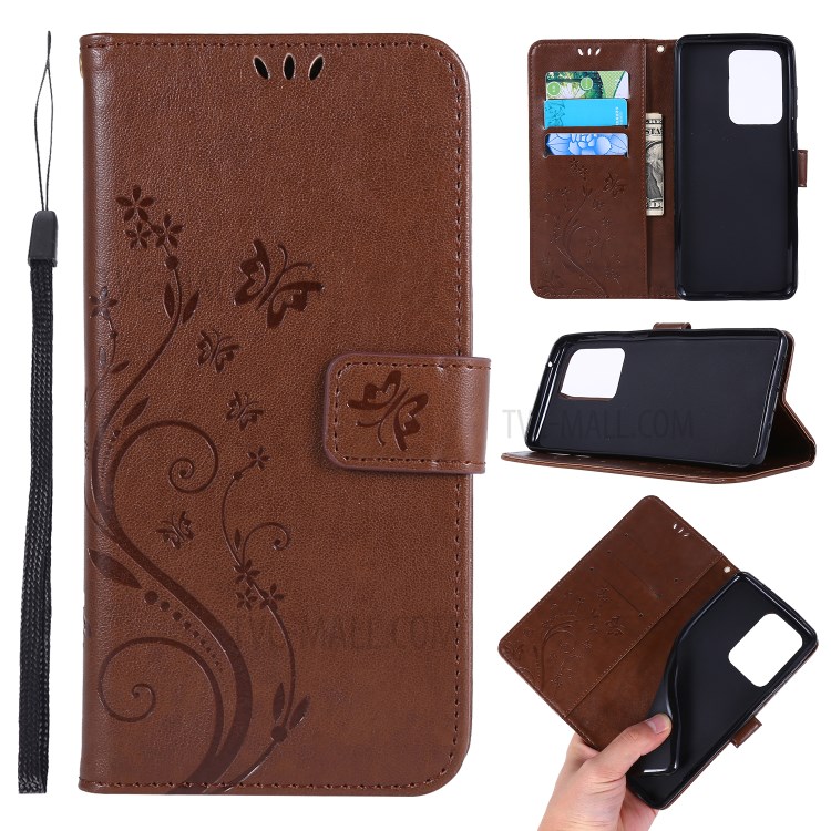 Imprint Butterflies Wallet Stand Flip Leather Phone Case for Samsung Galaxy S20 Ultra - Brown-1