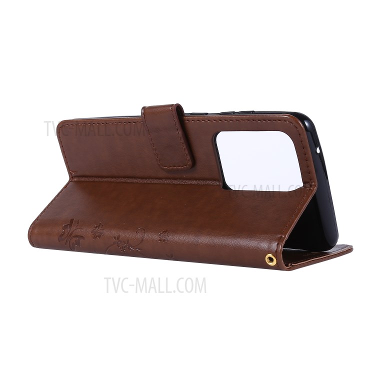 Imprint Butterflies Wallet Stand Flip Leather Phone Case for Samsung Galaxy S20 Ultra - Brown-4