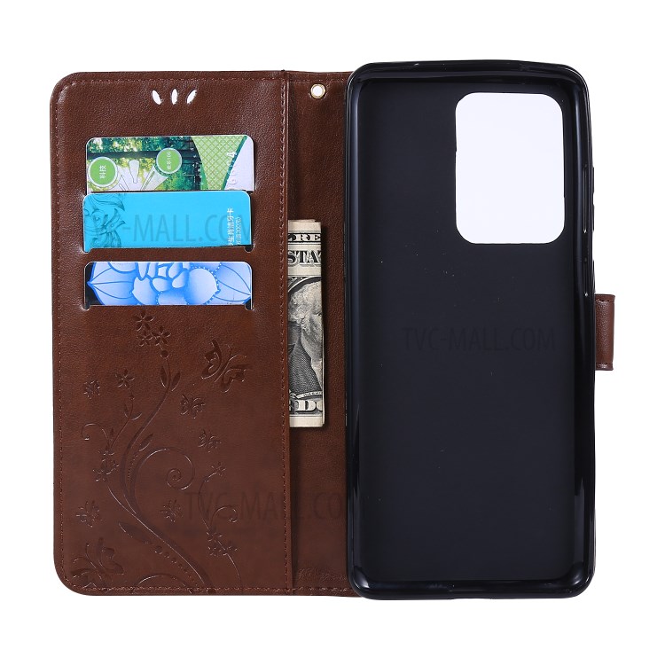 Imprint Butterflies Wallet Stand Flip Leather Phone Case for Samsung Galaxy S20 Ultra - Brown-5