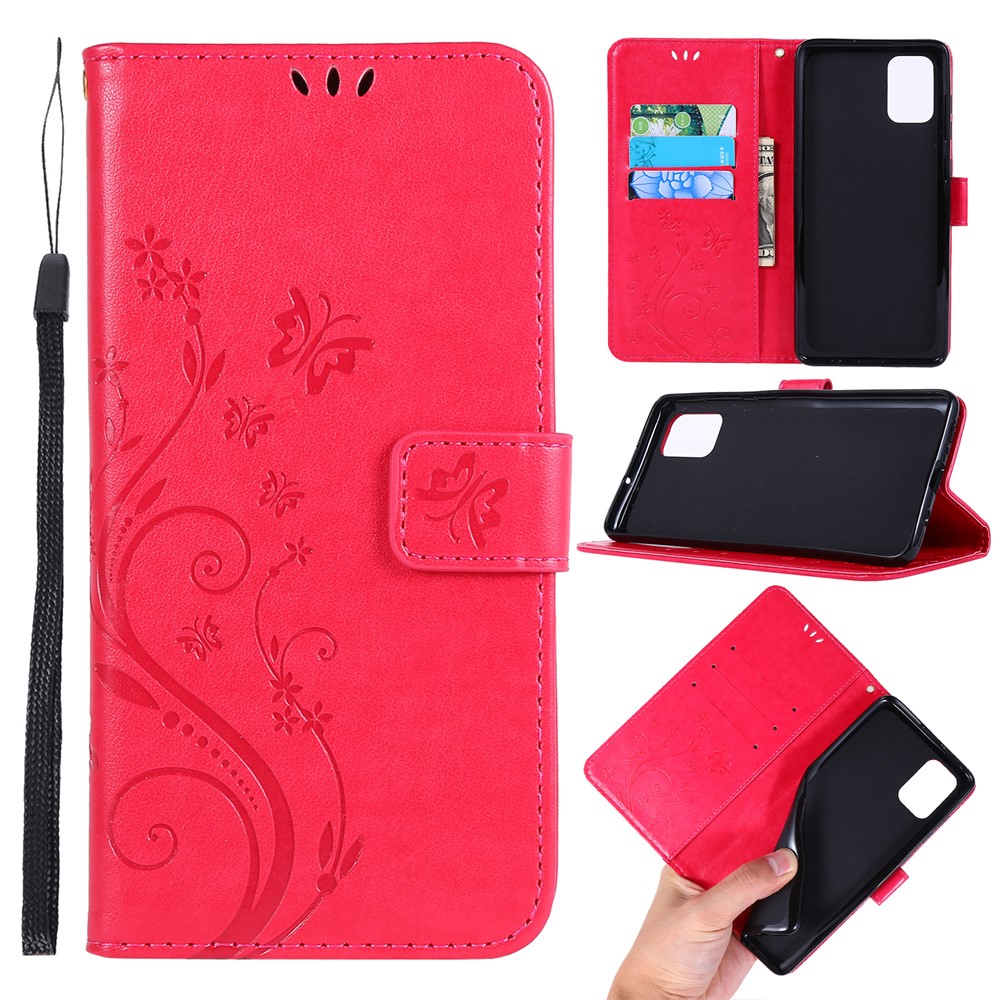 Imprint Butterflies Wallet Stand Flip Leather Phone Case for Samsung Galaxy A71 A715 - Red-1