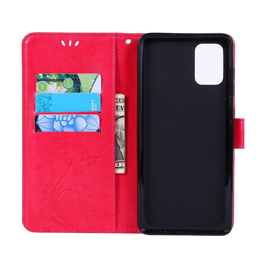 Support de Portefeuille de Papillons Impriments Écoute de Téléphone en Cuir Flip Pour Samsung Galaxy A71 A715 - Rouge