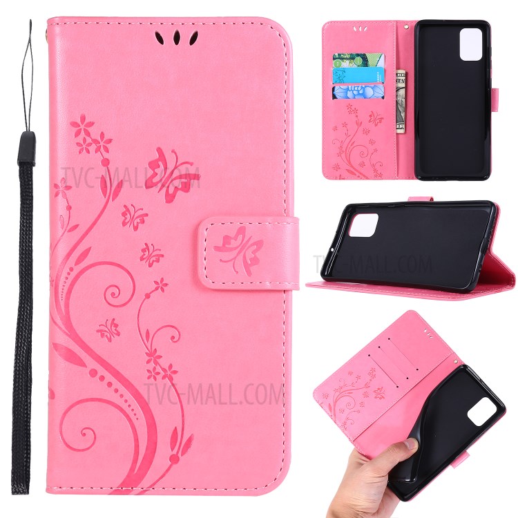 Imprint Butterflies Wallet Stand Flip Leather Phone Case for Samsung Galaxy A71 A715 - Pink-1