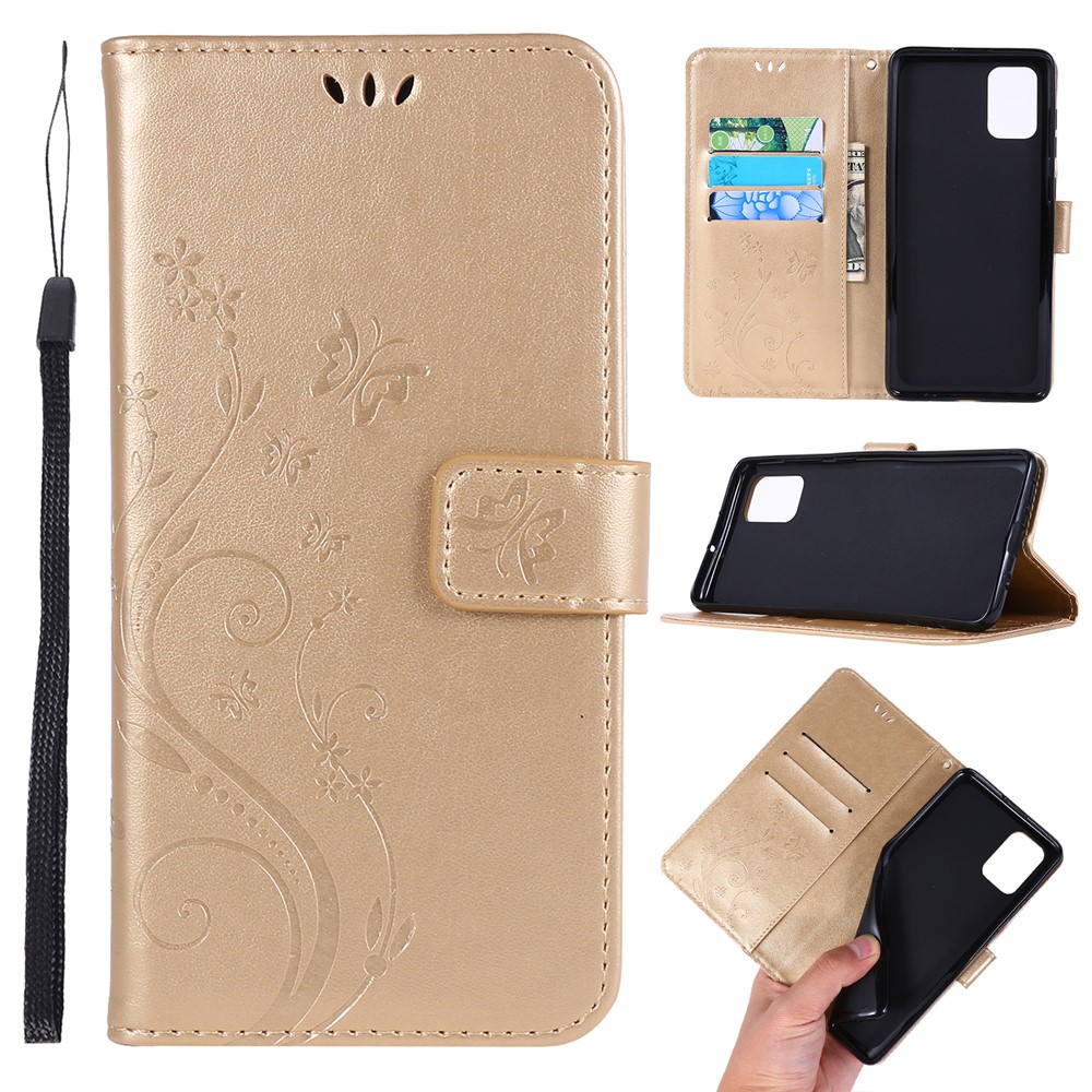 Imprint Butterflies Wallet Stand Flip Leather Phone Case for Samsung Galaxy A71 A715 - Gold-1