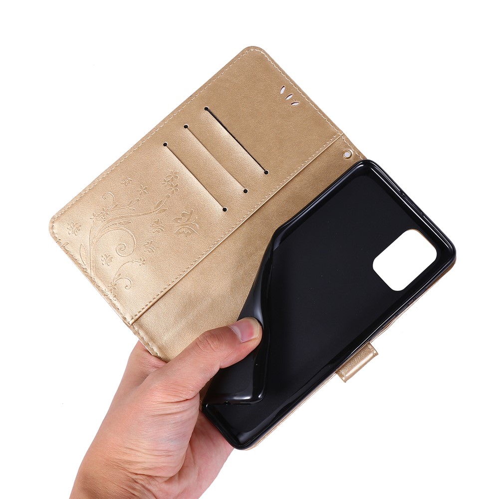 Imprint Butterflies Wallet Stand Flip Leather Phone Case for Samsung Galaxy A71 A715 - Gold-6