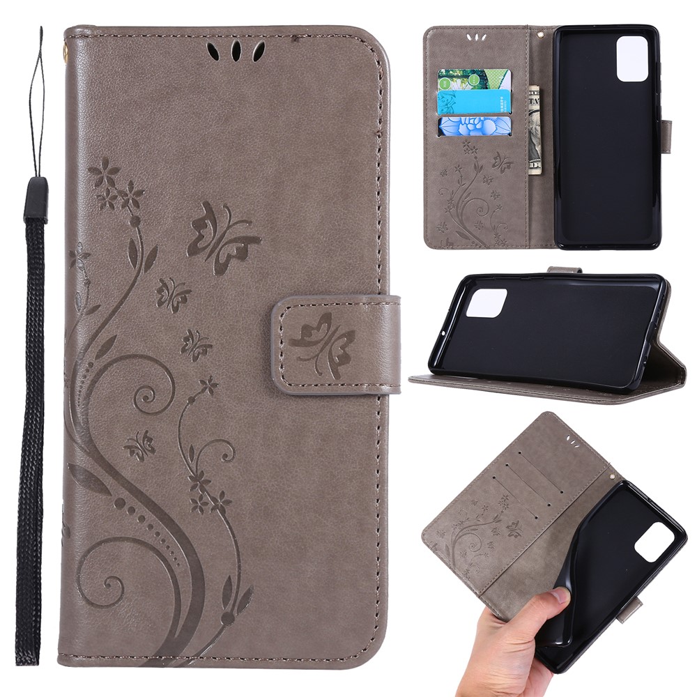 Imprint Butterflies Wallet Stand Flip Leather Phone Case for Samsung Galaxy A71 A715 - Grey-1