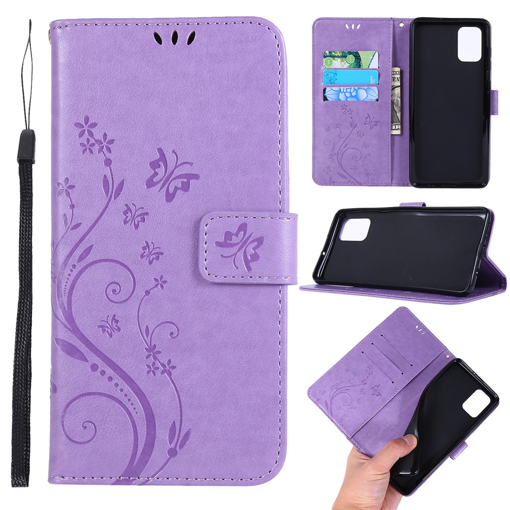 Imprint Butterflies Wallet Stand Flip Leather Phone Case for Samsung Galaxy A71 A715 - Light Purple-1