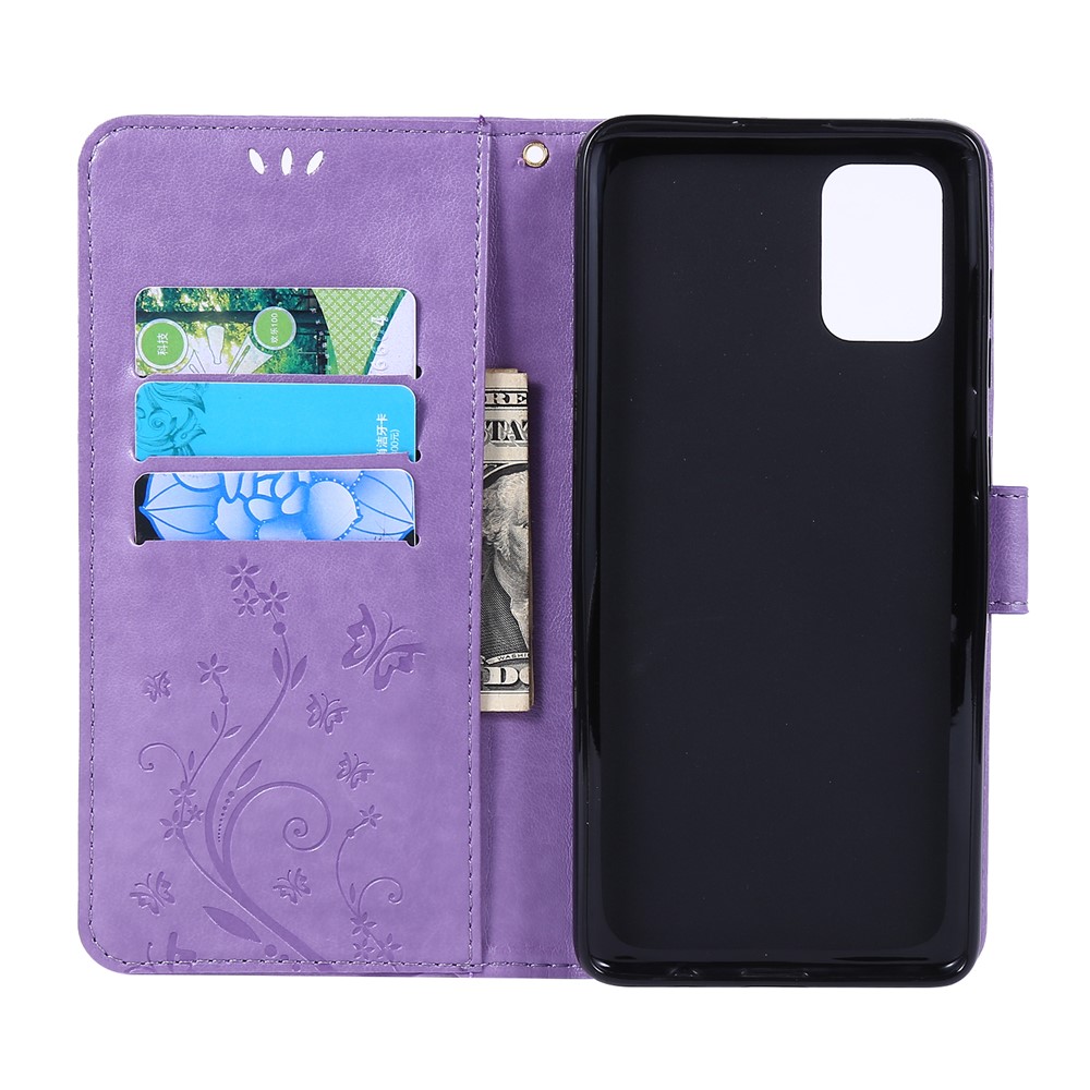 Support de Portefeuille de Papillons Impriments Écoute de Téléphone en Cuir Flip Pour Samsung Galaxy A71 A715 - Violet Clair-5