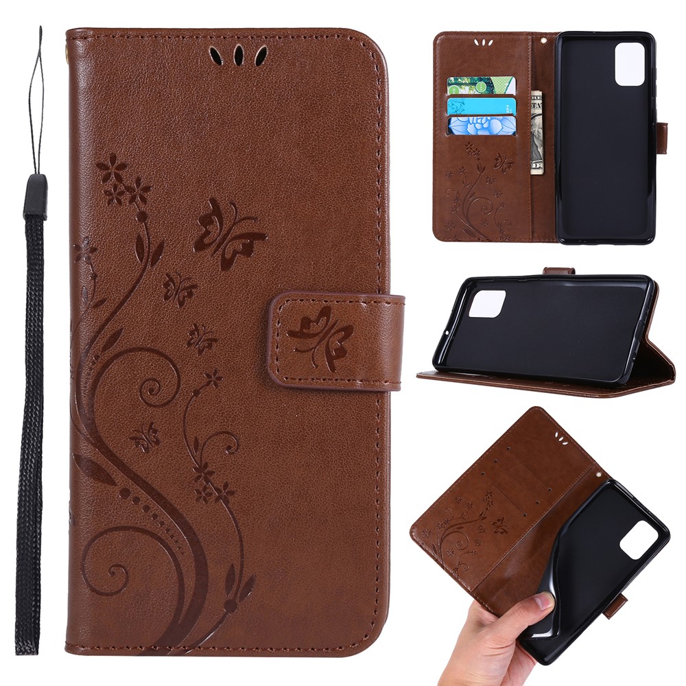 Imprint Butterflies Wallet Stand Flip Leather Phone Case for Samsung Galaxy A71 A715 - Brown-1