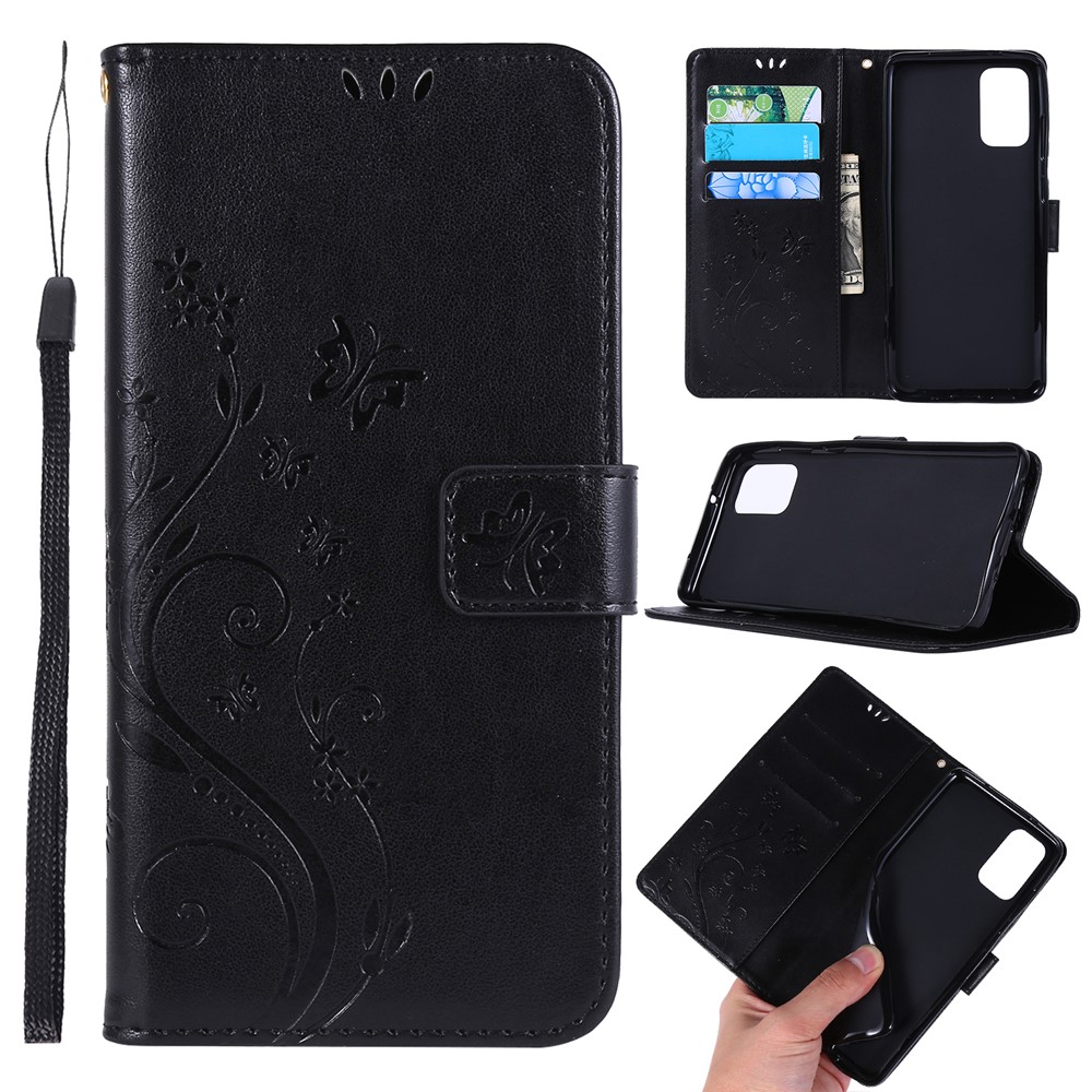 Imprint Butterflies Wallet Stand Flip Leather Phone Case for Samsung Galaxy S20 Plus - Black-1