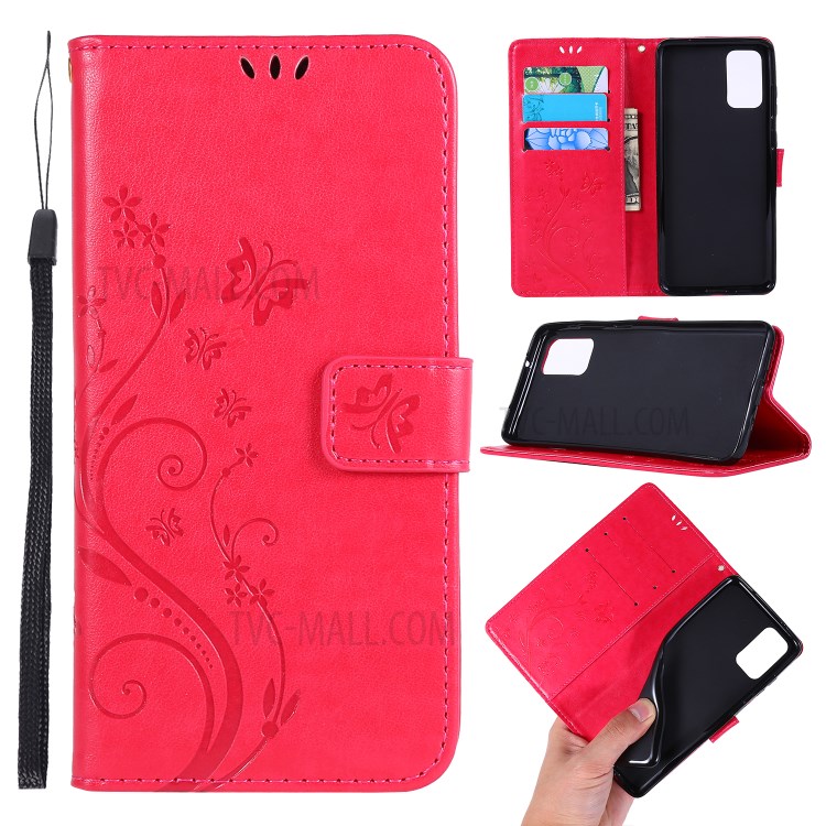 Imprint Butterflies Wallet Stand Flip Leather Phone Case for Samsung Galaxy S20 Plus - Red-1